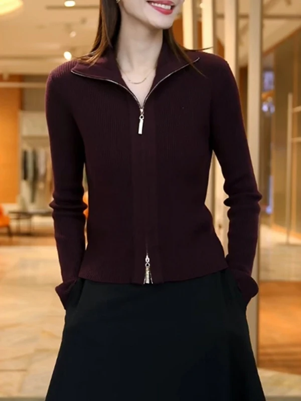 

Женский вязаный кардиган Slim Fit с двойной молнией и отложным воротником, весенняя новинка, большие размеры, модный корейский стильный топ