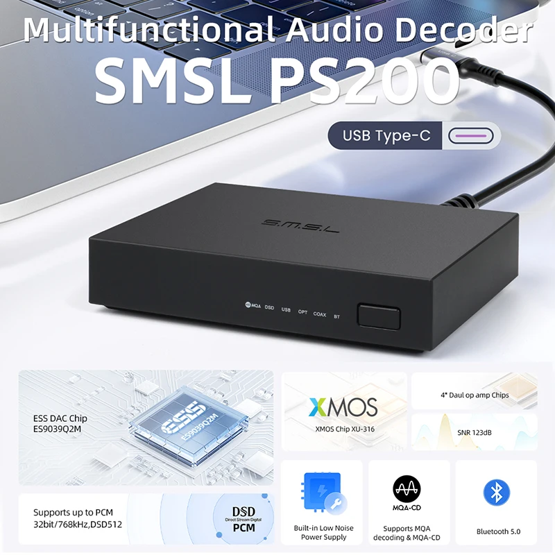 SMSL PS200 고해상도 USB DAC ESS, ES9039Q2M 디코딩 MQA MQA-CD, 블루투스 5.0 하이파이 오디오 디코더, 스위치 PS5 PS4 용 DSD512 PCM768