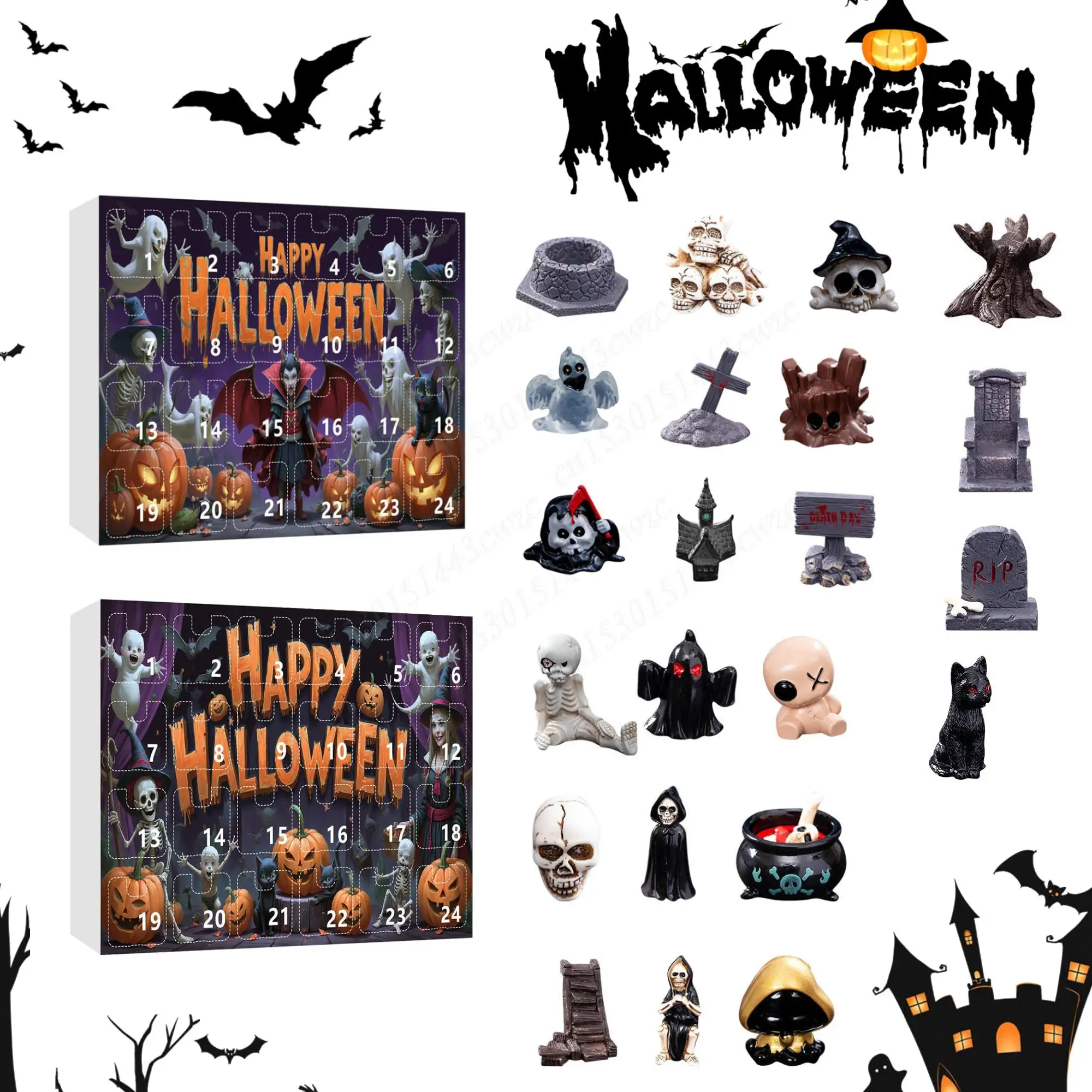 

2025 Advent Calendar Halloween Surprise Gifts Box Scary Resin Dolls Ornaments 24 Days Countdown Calendars For Party Decorations
