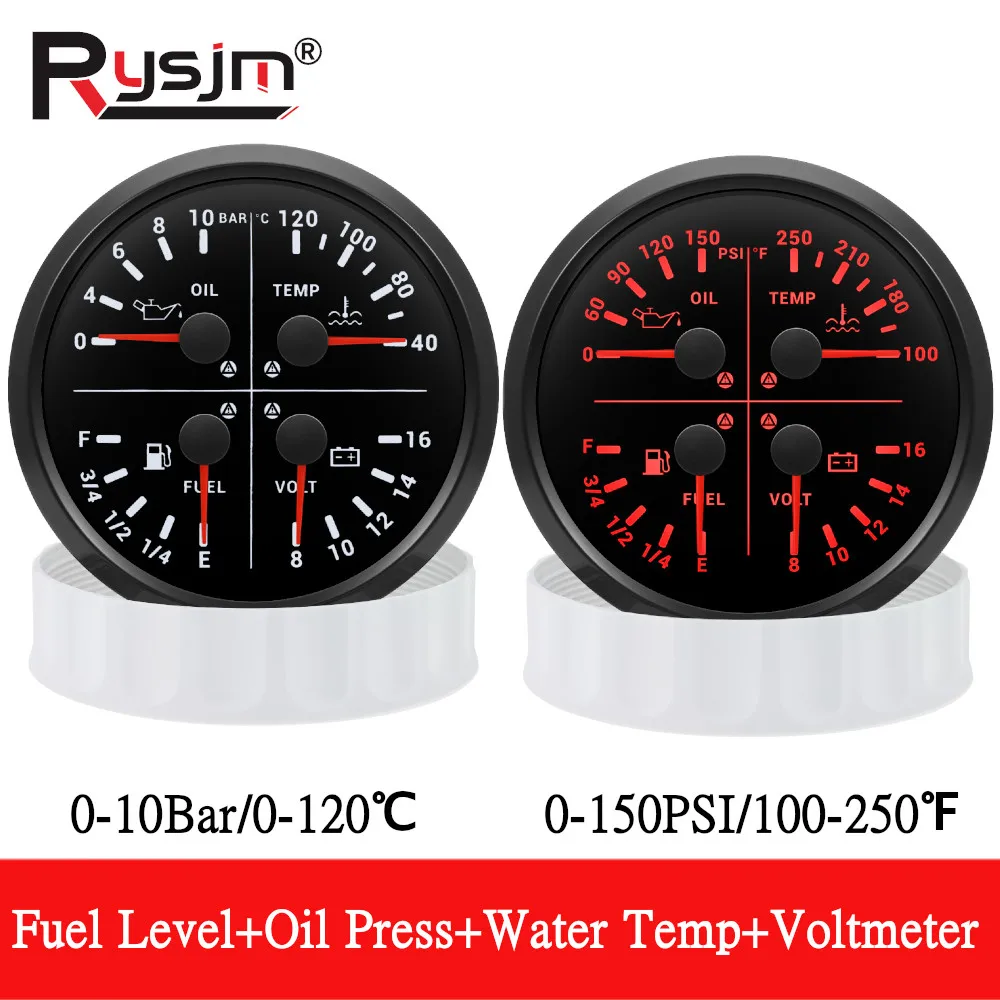 

110MM 4 IN 1 Gauge 0-190ohm 240-33ohm Fuel Level Oil Pressure Meter BAR/PSI Water Temp Gauge ℃/℉ Voltmeter for Boat Car 9-32V