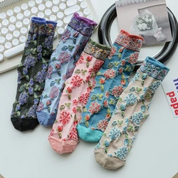 Chaussettes longues en coton à imprimé floral pour femmes, Streetwear, Harajuku, Kawaii, Style coréen, Haute qualité, Mode, Hiver, 5 paires