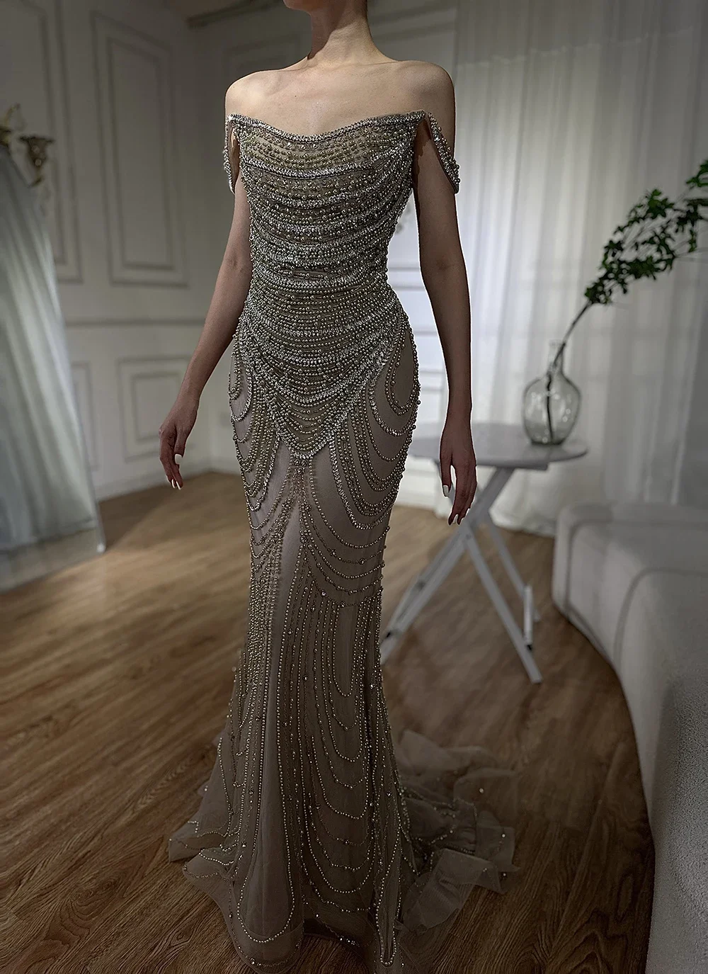 

White Off-Shoulder Mermaid Evening Dress Luxury Beaded Pearls Gowns Exquisite Customized Embroidery for Wedding Party 2026