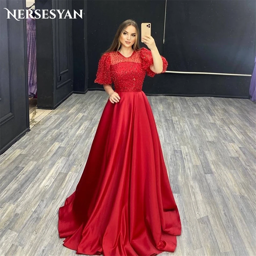 

Nersesyan Red Glitter Formal Evening Dresses Pearls A-Line Short Puffy Sleeves Prom Dress Sparkly Pageant Sequins Party Gowns