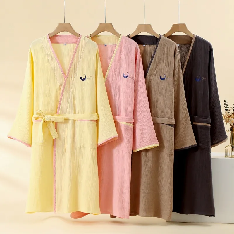 Double Layer Gauze Kimono Wome Home Bathrobe Contrasting Color Wrapped Waistband Long Sleeved Nightgown Yukata Pure Cotton Robe