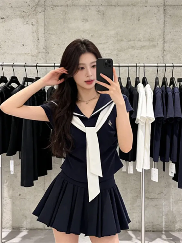 Naval Style Color Block Shoulder Wrap V-Neck Short Sleeve T-Shirt Women's Design Sensation  Korean Versatile Top