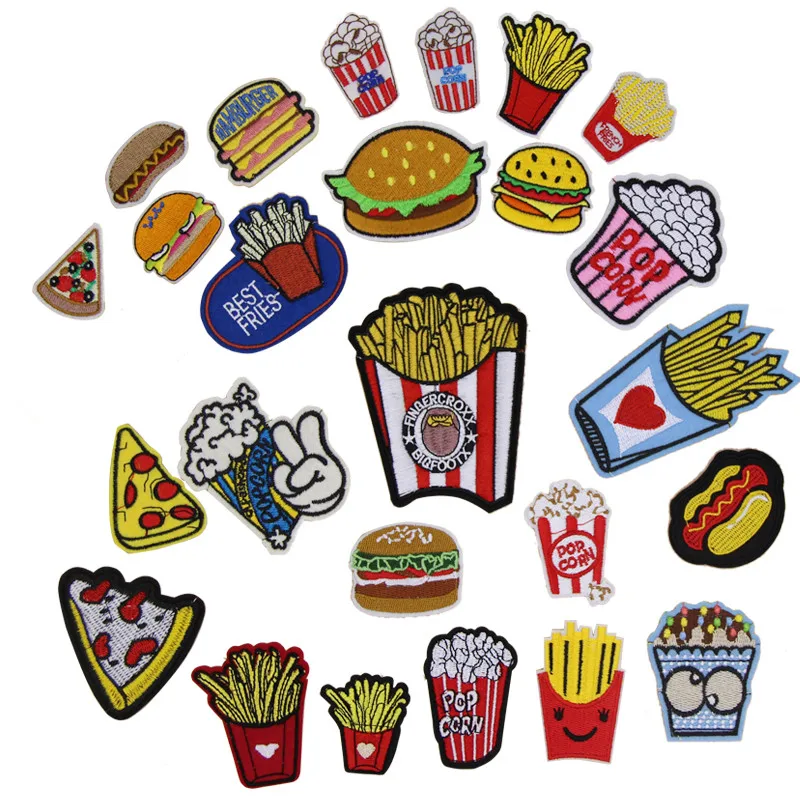 Free Shipping 10 Pcs French Fries Popcorn Hamburger Embroidered Food Patch Iron On Motif Hat Bag Garment Applique DIY Accessory
