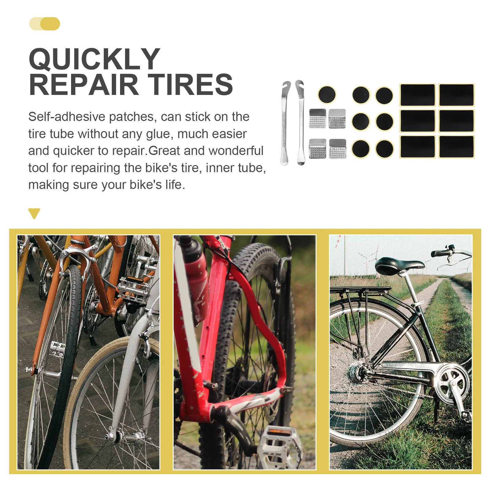 

1 set Bicycle Tire Repair Kit Self Adhesive Patches Metal Rasp Stainless Steel Portable Bike Tool Easy to Use Durable