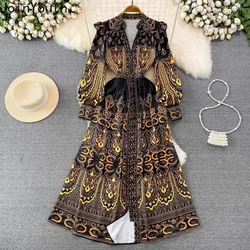 2024 Vestidos De Mujer Vintage Maxi Dresses for Women V-neck Slim Waist Print Elegant Robe Femme Single Breasted Summer Dress