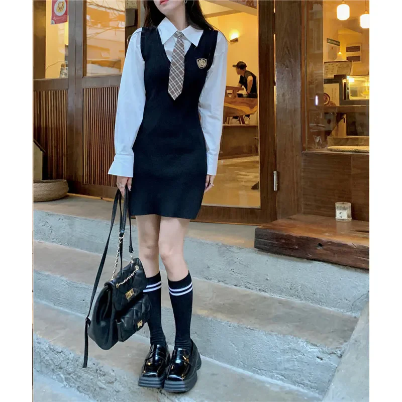 Women's Preppy Style Fake Two Piece Shirts Dress with Tie Spring Autumn Lady Student Patchwork Long Sleeve Slim Mini Dresses