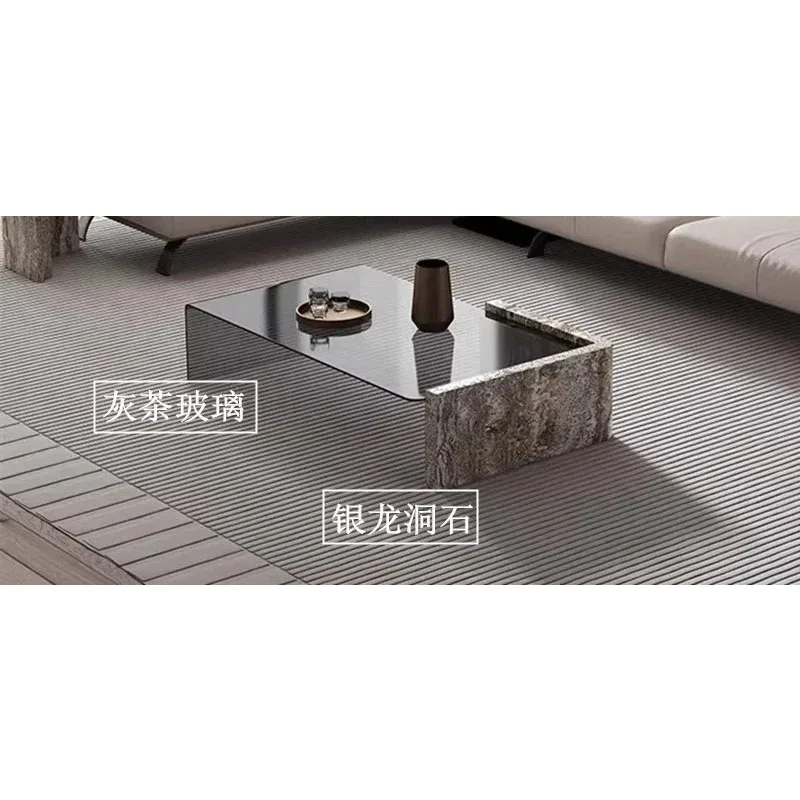 A Light luxury natural marble silver gray travertine bent gray brown glass rectangular strip coffee table2936