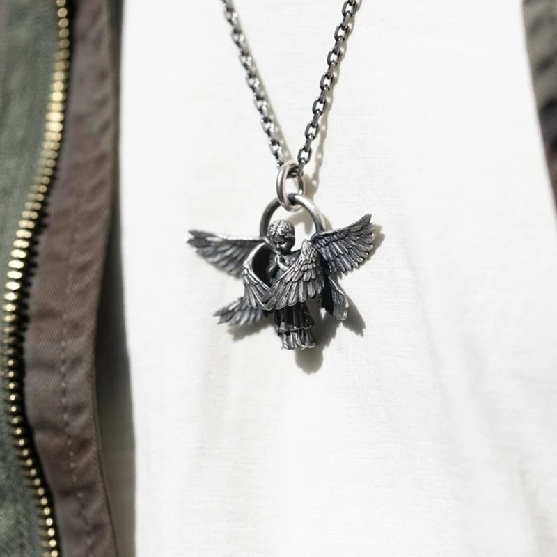 Simple for Creative Classic Angel Wings Pendant Necklace Silver Color Preserving Electroplated Copper Seraph Necklace