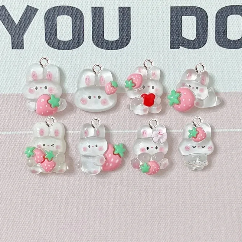 

10Pcs Transparent Strawberries Rabbit Resin Pendant DIY Earrings Necklace Pendants Bracelet Keychain Decoration Flat Back Resin