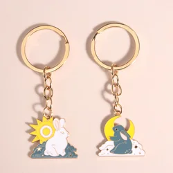 Couple Enamel Keychain Lovely Rabbit Animals Sun Moon Key Rings Friendship Lovers For Women Girls Men Gifts DIY Handmade Jewelry