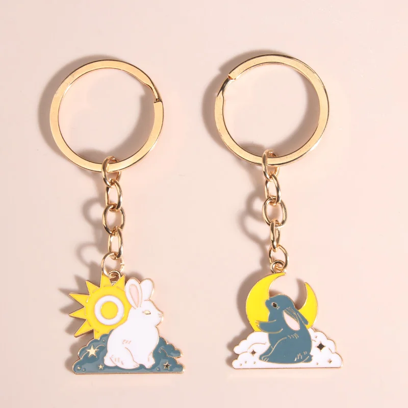 Couple Enamel Keychain Lovely Rabbit Animals Sun Moon Key Rings Friendship Lovers For Women Girls Men Gifts DIY Handmade Jewelry