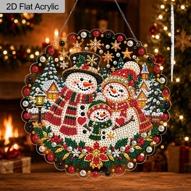 2D Flat Acrylic Christmas Pearl Diamond Art Ornaments, Snowman Family Lace-Edge Design, Pre-Attached Metal Chain, Mixed-Size
