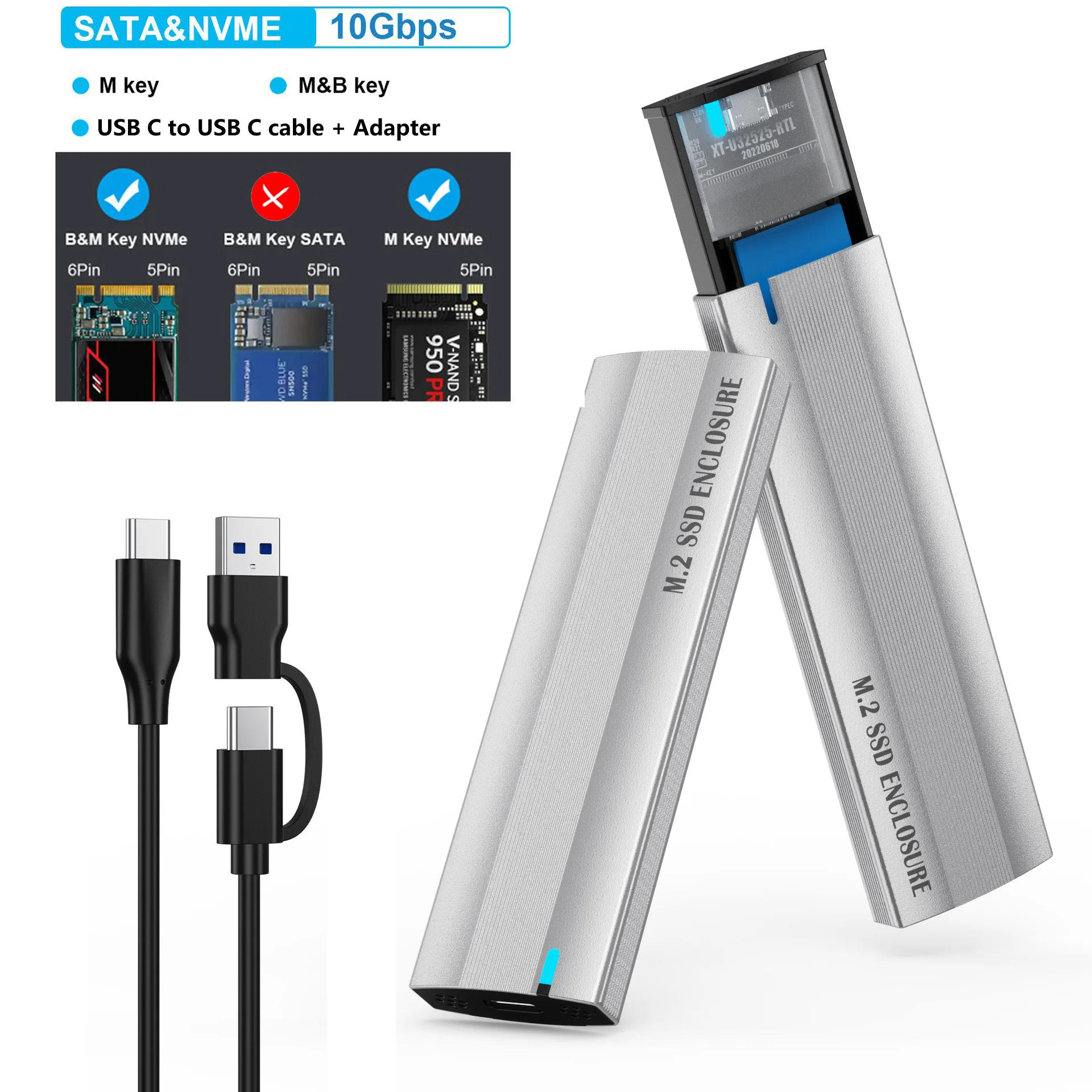 U4LC Compatible M.2 NVMe to USB3.1 Gen2 Adapter M.2 NVME/NGFF Enclosures Adapter RTL9210B Chip High Speed Data Transfer