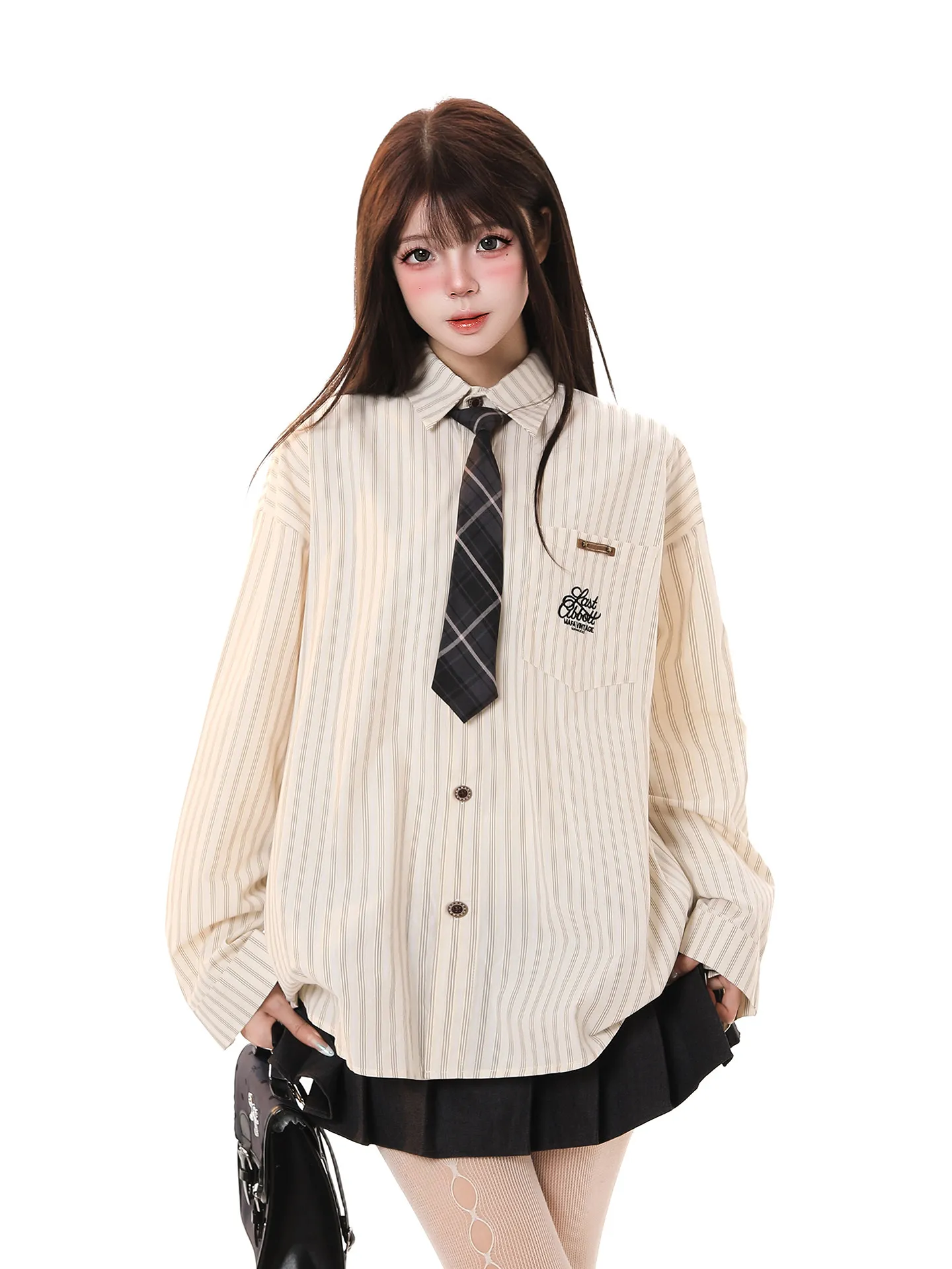 

Ретро-американская полосатая блузка с длинным рукавом для женщин: свободная, повседневная, оверсайз, премиум-класса, дышащая, приятная к коже