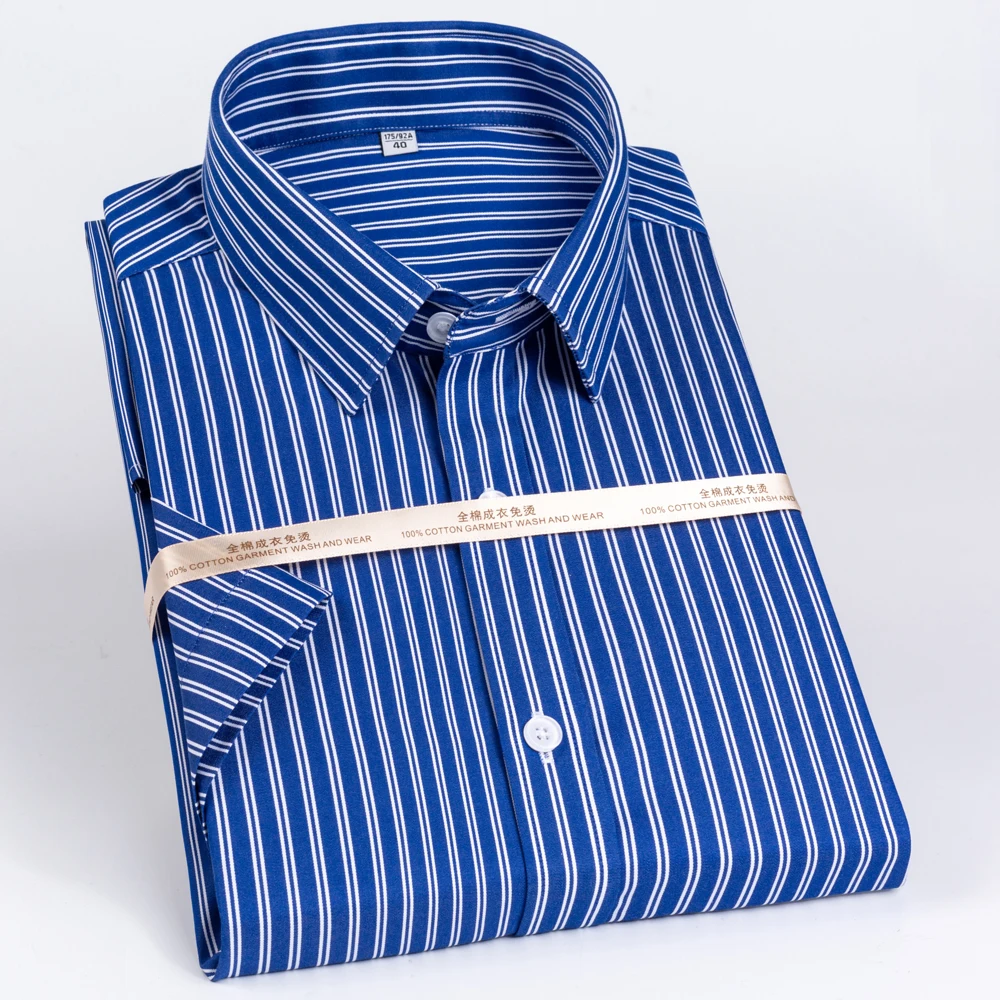 Men's No-Iron Summer Short Sleeve Striped Checked Shirts, Spread Collar Easy Care Comfortable 100% Cotton Business Office Wear