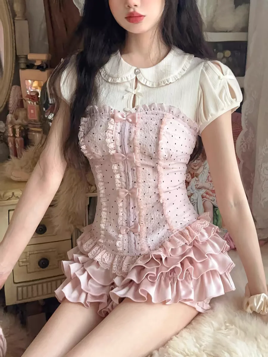 

Princess sweet lolita bobon21 slim fit french style girl lace bow water jade polka dot chiffon underwaist Corset T2324