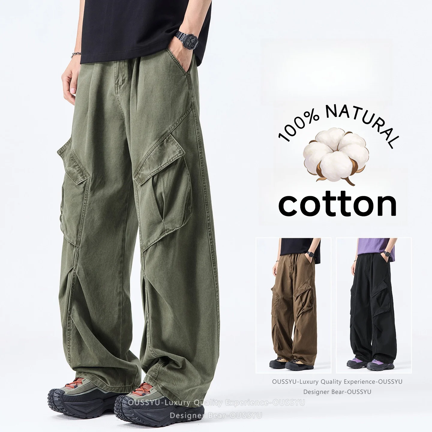 Pantalones Cargo Vintage Americanos para Hombre, Nuevos 2026, 100% Algodón, Diseño Holgado de Pierna Ancha, Multibolsillos, Casuales, Estilo Camuflaje
