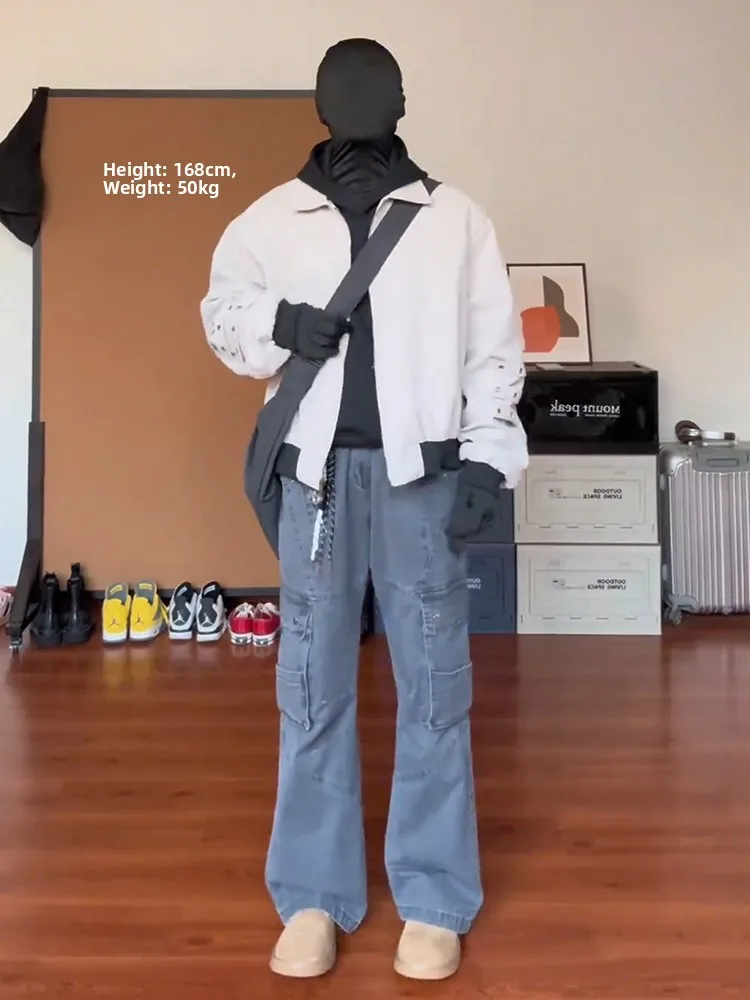 

Мужские рабочие джинсы прямого кроя с микро-клешем, с эффектом потертости, стильные молодежные модные длинные брюки из денима