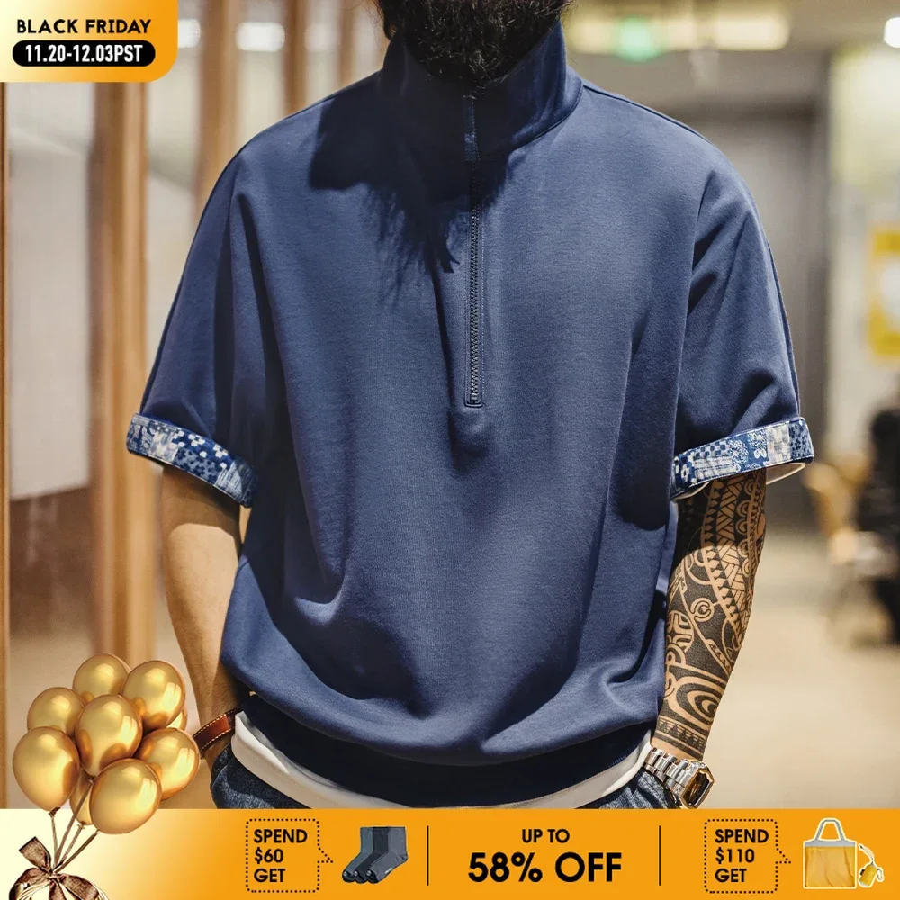 

Maden Vintage Half-Zip Boro Style Short Sleeve Polo Shirt Men's Summer Indigo Dyed Printed Loose Collar T-Shirt Casual Gray Tops