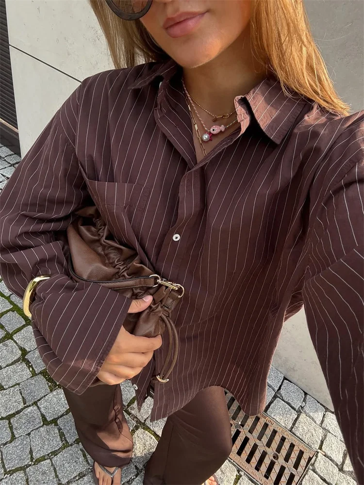 

Новая женская повседневная рубашка-блузка в полоску с отложным воротником, длинным рукавом, элегантная, для офиса, с контрастными вставками, свободного кроя