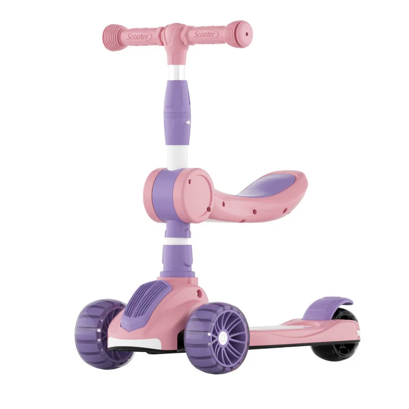 Children's Kick Scooter With Lights 2-8 Boy Girl Folding Skateboard Adjustable Heigh Flash 3 Wheel Foot Scooters Three-in-one