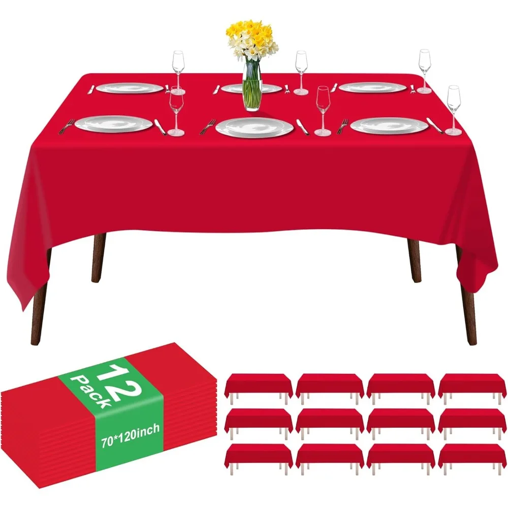 

Premium Red Plastic Tablecloths - 120 Inch Rectangle, Disposable Covers for Party Use (Pack of 12)