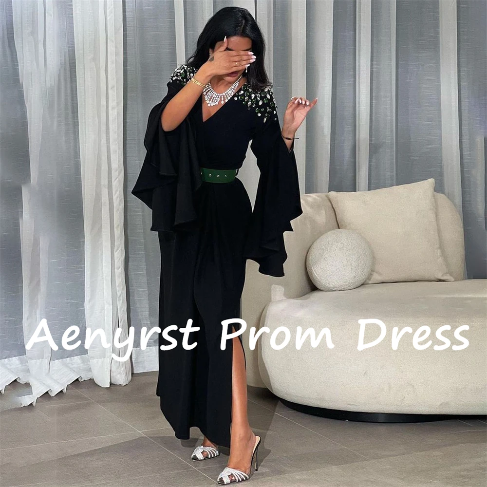 Aenyrst Black V Neck Long Flared Sleeves Saudi Arabia Evening Dresses Mermaid Crystal Split Prom Dress Ankle Length Party Gowns