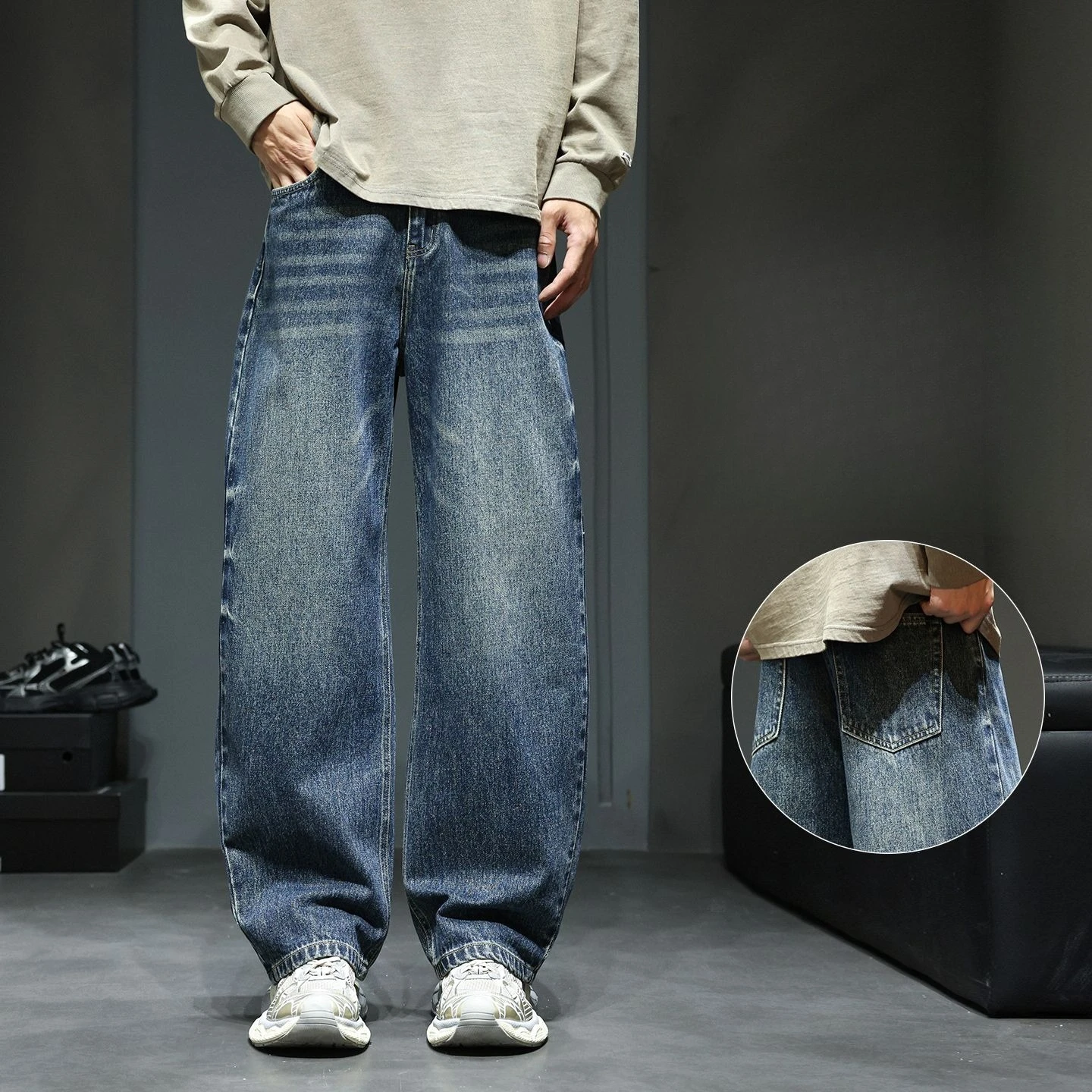 American-style Deconstructed Large Curved Cut Washed Jeans A Men's Trendy Brand Loose Straight-leg Wide-leg Casual Pants Pants