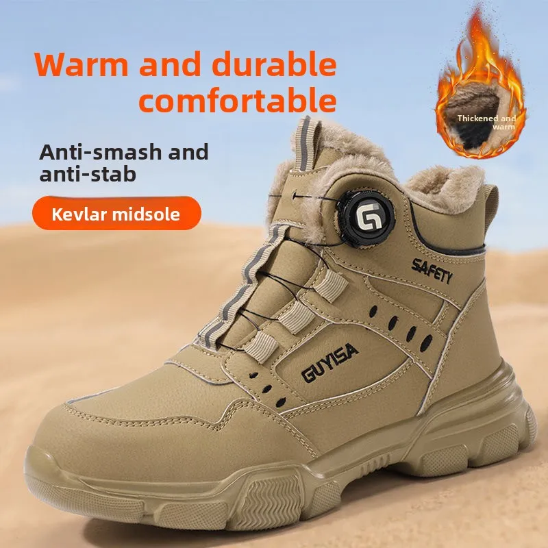 Fleece-lined Work Men's Safety Shoes Winter Steel Toe Rotation Button Thickened Warm Woman Anti-smashing Security Boots Protect