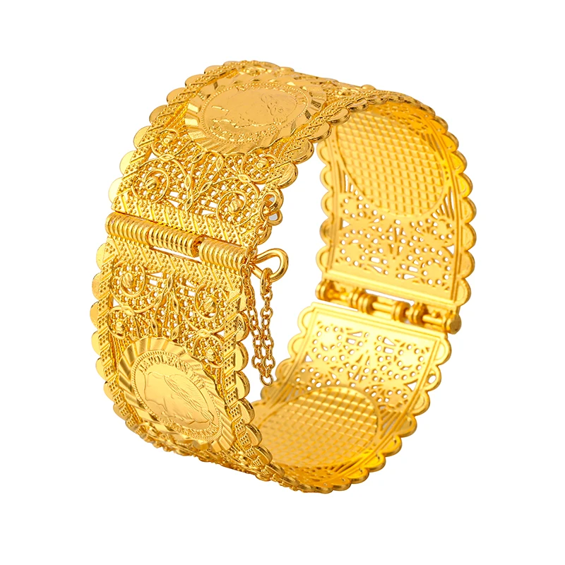 Vintage Münzmuster Manschettenarmband für Damen, Vergoldeter Hohler Metall-Breitarmreif Modischer Statement-Schmuck – Detail 17