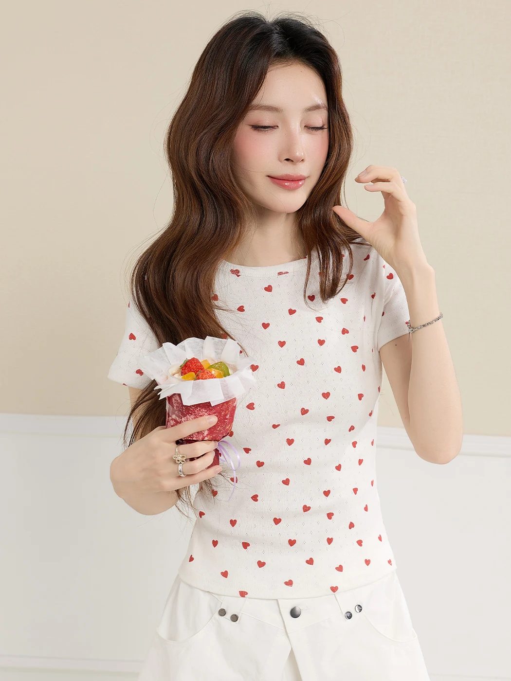 

Sweet Girl Style Heart Print Polka Dot Short Sleeve round Neck T-Shirt Women Slim Fit Summer Thin Shirt Top Breathable Skin-F...