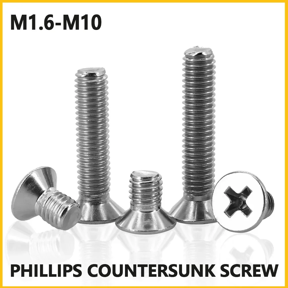 M1.6 M2 M2.5 M3 M3.5 M4 M5 M6 M8 M10 304 Stainless Steel Cross Phillips Flat Bolt Countersunk Head Furniture Screw Length 3-80mm