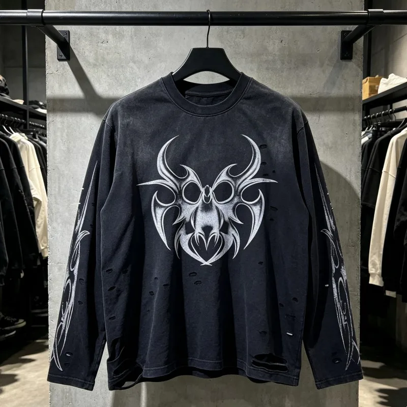 Retro Washed Destroys Cutting Chew Forever Long Sleeve Tshirts Gothic Thorn Skeleton Totem Print Men Women Cotton Streetwear