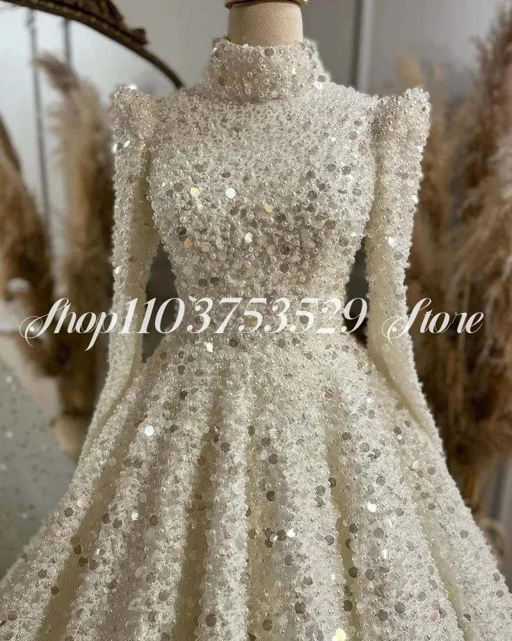 Luxury Muslim Evening Gowns Sparkling High Neck Long Sleeve Inlaid Sequins A-Line Prom Long Customised Ethnic Wedding Dresses