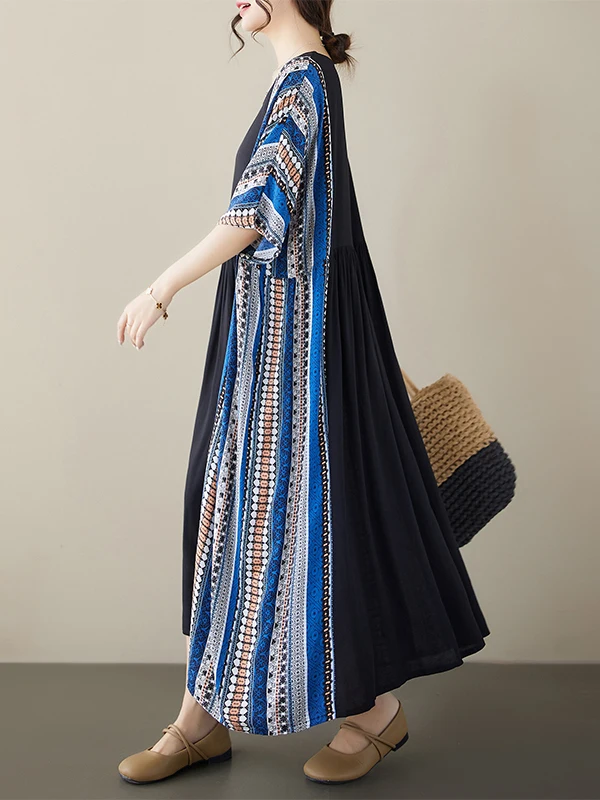 فستان ماكسي بأكمام قصيرة وياقة مستديرة بنمط مخطط عتيق للنساء في منتصف العمر وكبار السن، تصميم فني جديد بطابع قديم لفصل الصيف