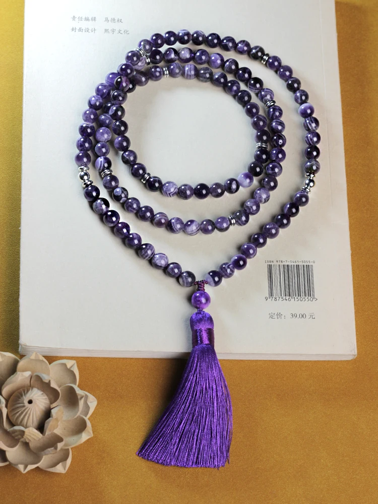 

japamala 108 beads natural stone necklace women，amethyst natural stone beads 8mm with tassels,Free shipping,wholesale