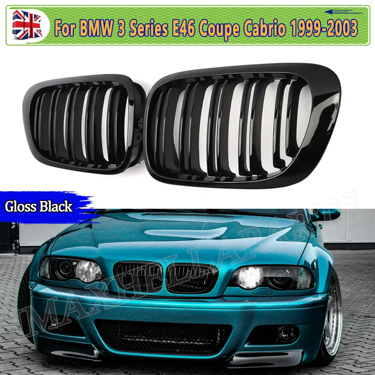 

FOR BMW M3 330 Ci E46 Front Bumper Grille 3 Series COUPE 1999 2000 2001 2002 2003 GLOSS BLACK DUAL SLAT PAIR KIDNEY GRILLE GRILL