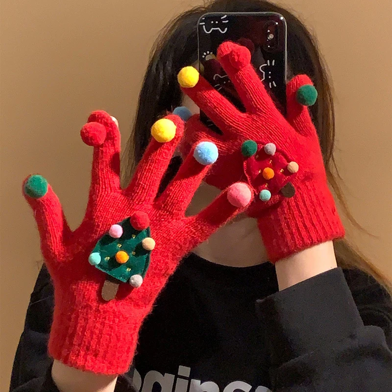 Cute Red Christmas Tree Knitted Gloves for Women in Winter Five Finger Warmth Plush Windproof and Cold proof Cycling Christmas