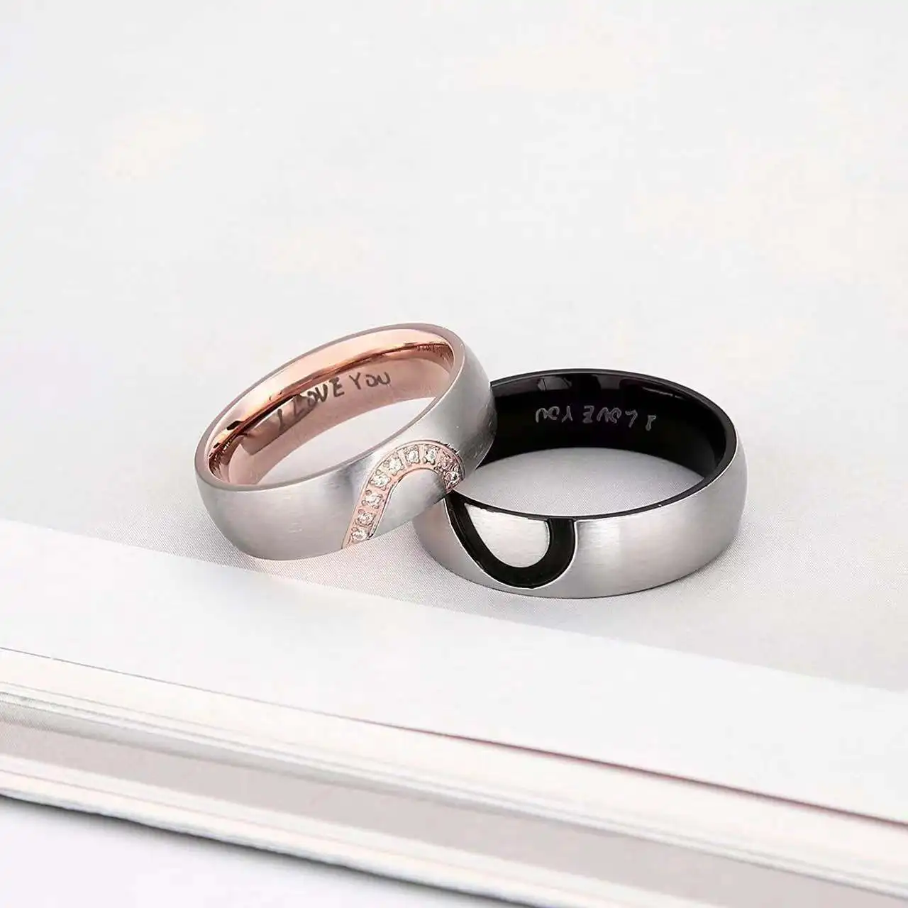 Hot Selling Stainless Steel New Half Peach Heart Couple Rings For Women Men With Letters I LOVE YOU Jewelry Gifts Size 6-13