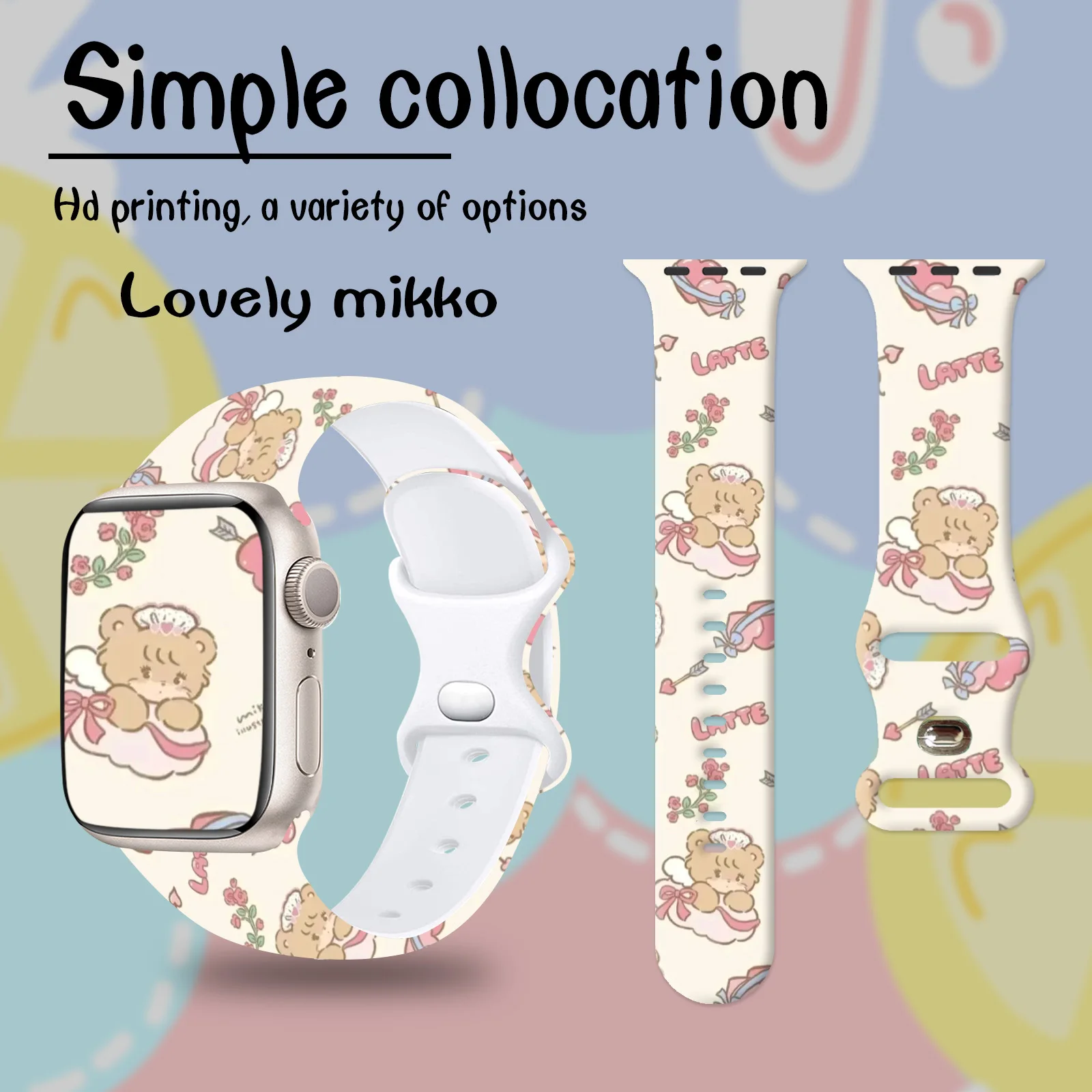 Cinturino con stampa serie Sweet & Healing Mikko per Apple Watch 11/10/9/8/7SE, cinturino in silicone di ricambio morbido e impermeabile 45 mm/44 mm/42 mm