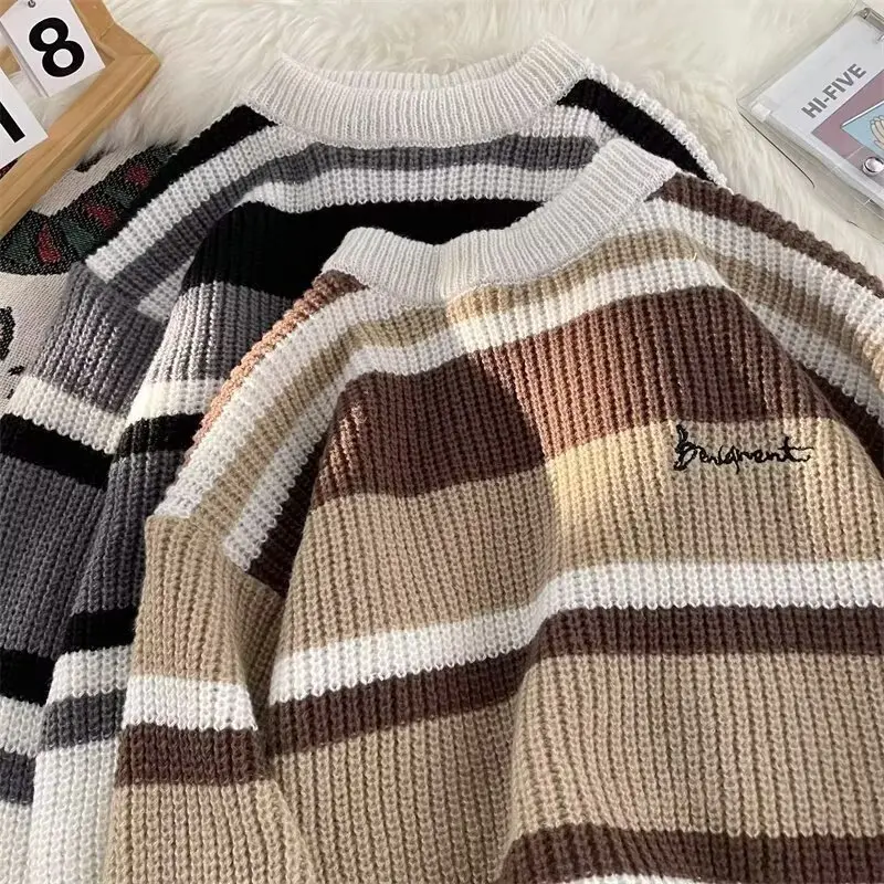 

Мужской свитер большого размера (250 Pou) с круглым вырезом, в полоску, в американском хип-хоп стиле, свободный крой, вязаный топ из полиэстера, длинный рукав