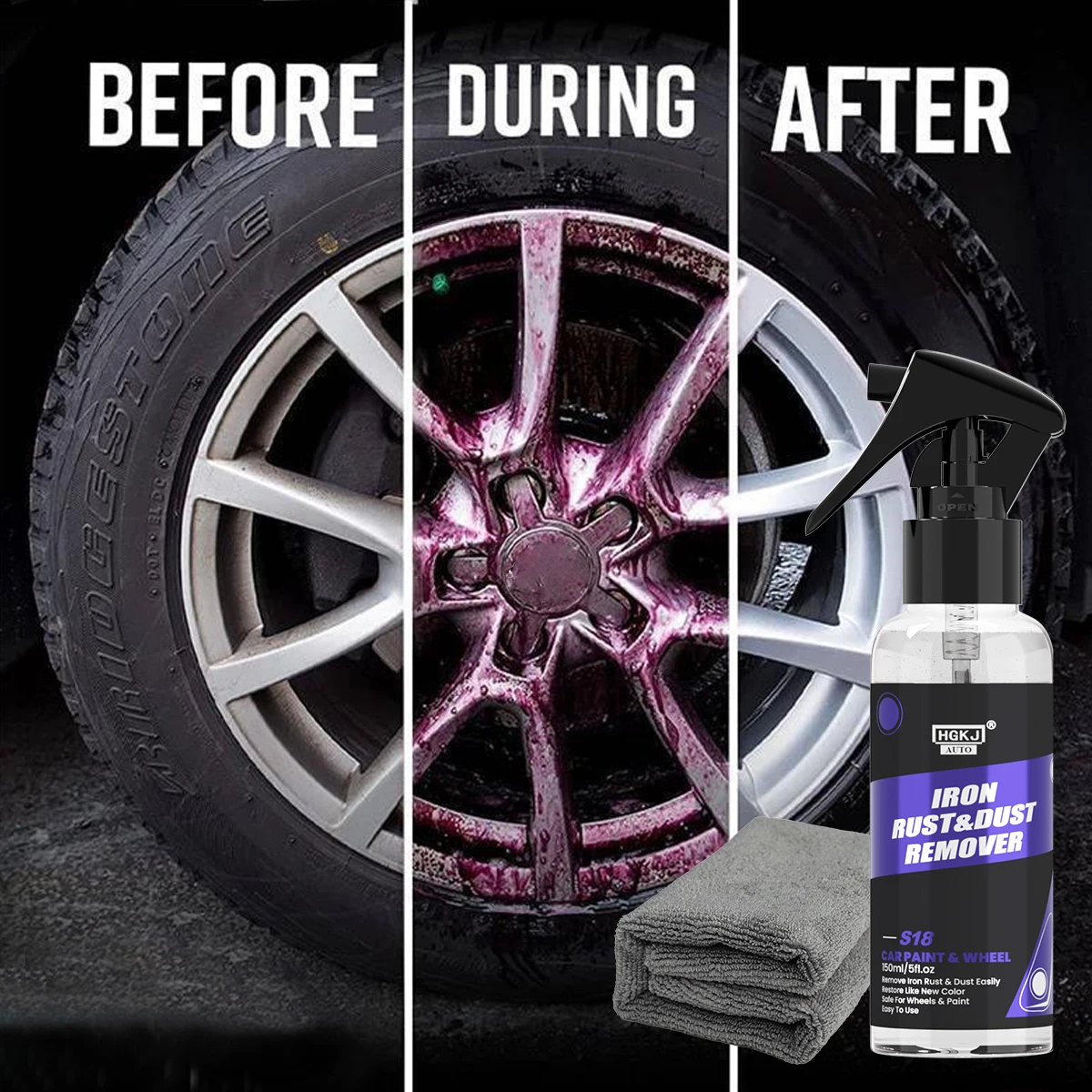 150ML KIT Iron Remover Spray Car Wheels Rim Cleaner Multi Purpose Rust Remover Brake Paint Protect Metal Dust Car Care HGKJ S18