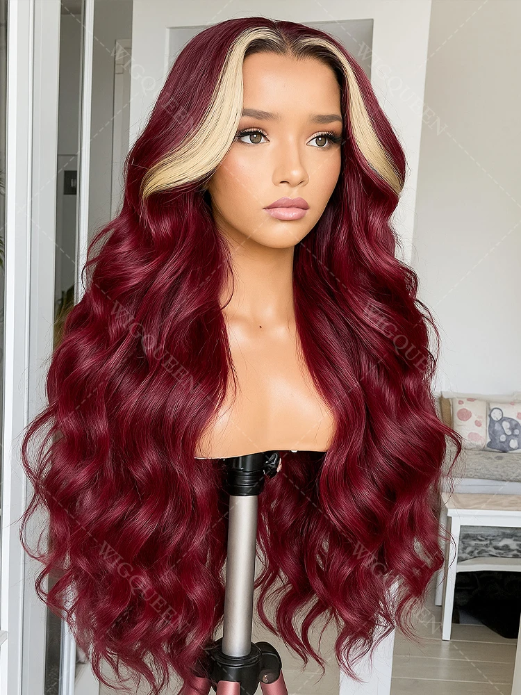 Actualización # Pelucas delanteras de encaje 613/99j Skunk Stripe Honey Blonde Highlight 13x4, pelucas de cabello humano ombré Borgoña resaltadas, pelucas de cabello crudo