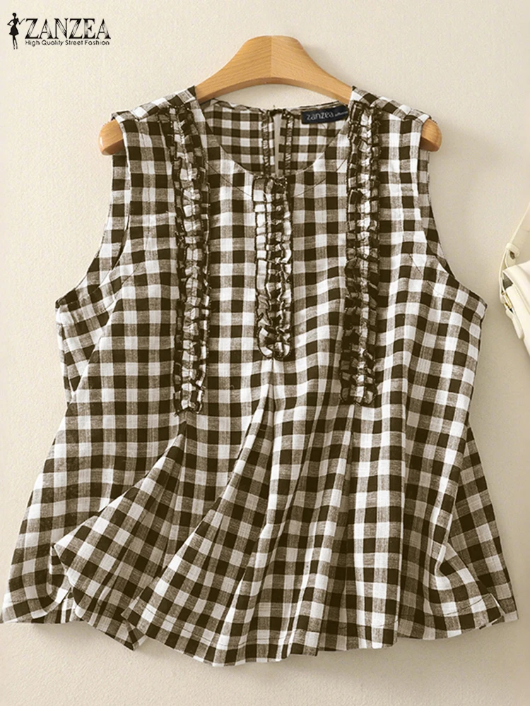 النساء خمر الكشكشة تقليم منقوشة الدبابات ZANZEA 2025 جديد عادية س الرقبة مقلوب الطيات فحص بلوزات بلا اكمام ملابس امرأة S-3XL