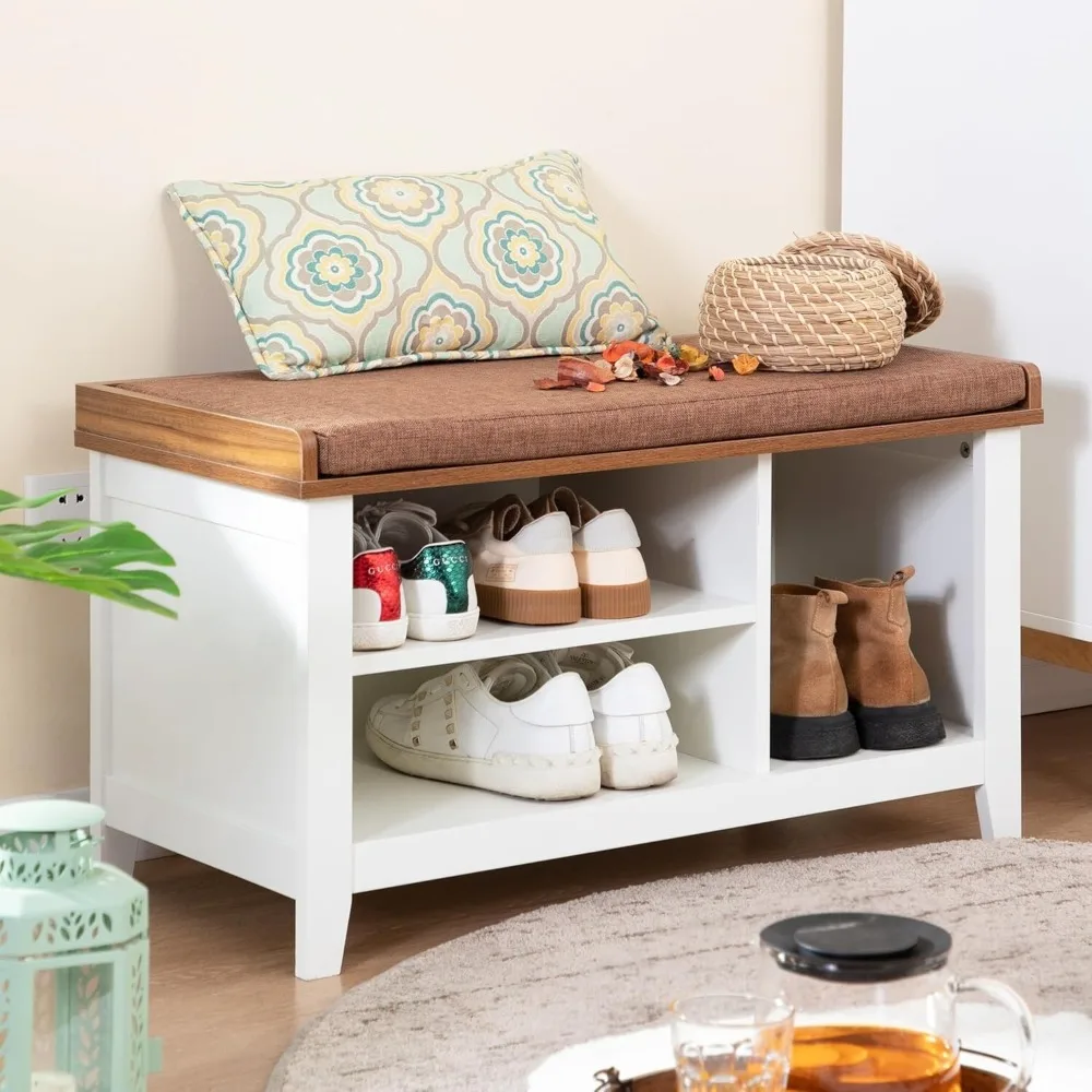 

Shoe Bench with Cushion 3 Compartments Entryway Storage Padded Seat Furniture