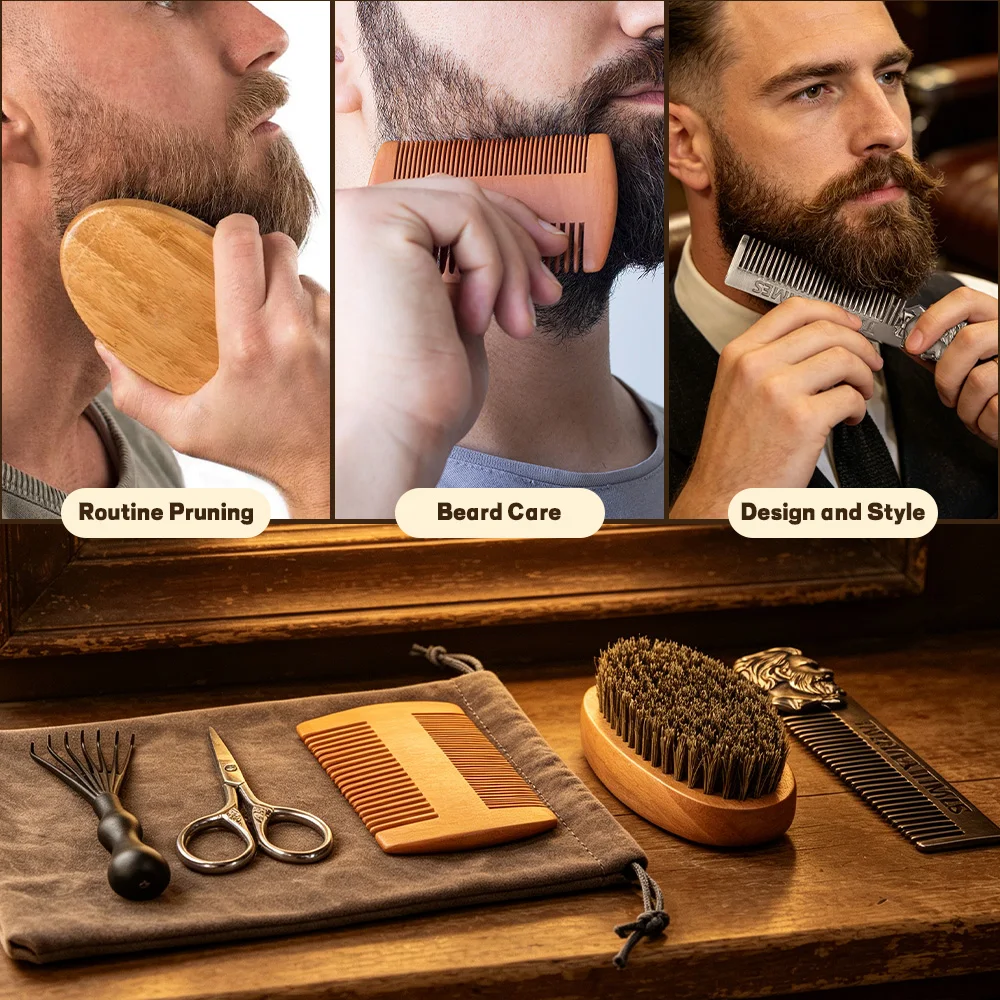 Portable Men's Beard Care Set, Natural Boar Bristle Brush, Wooden Comb, Embossed Hair Comb, Vintage Beard Scissors, Brush Cleaning Tool, Daily Beard Grooming and Styling Travel Set, Gift for Boyfriend or Husband