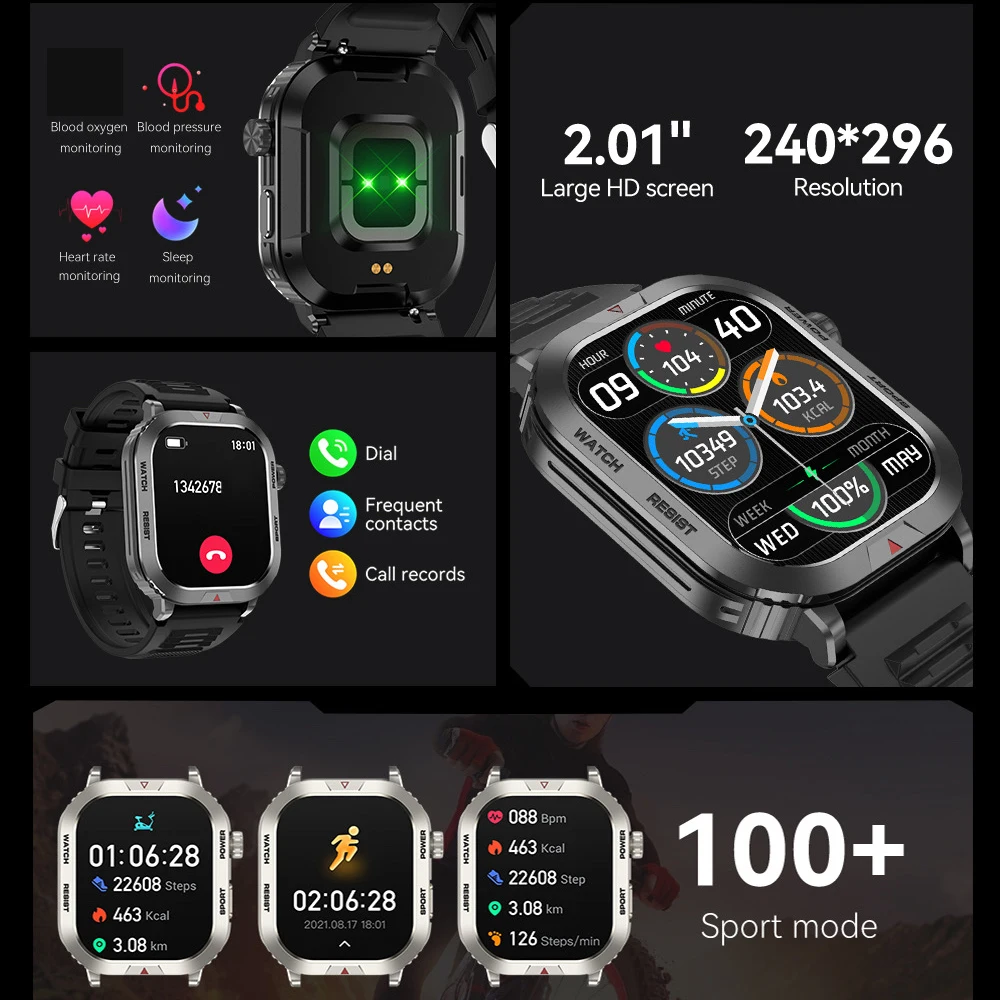 2.01' Blue tooth Call Smartwatch Outdoor Military Waterproof Smart Watches Men 300mAh Battery Heart Rate Sports Fitness Watches